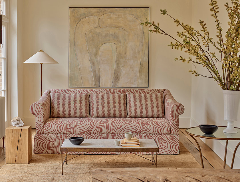 Turnberry 3 seater sofa in Contour Lines Berry with scatters in Frond Stripe Small Berry